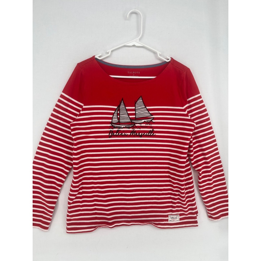 Talbots Authentic Red White Striped Sailboat Graphic Boat Neck Cotton Top Size M
